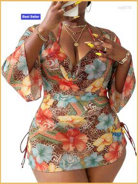 Plus Size Halter String Triangle Bikini 3 Piece Set with Cover Up
